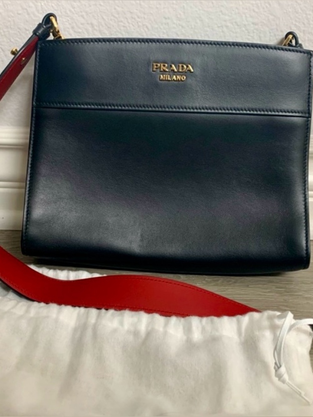 Prada Black Leather Messenger with Red Strap